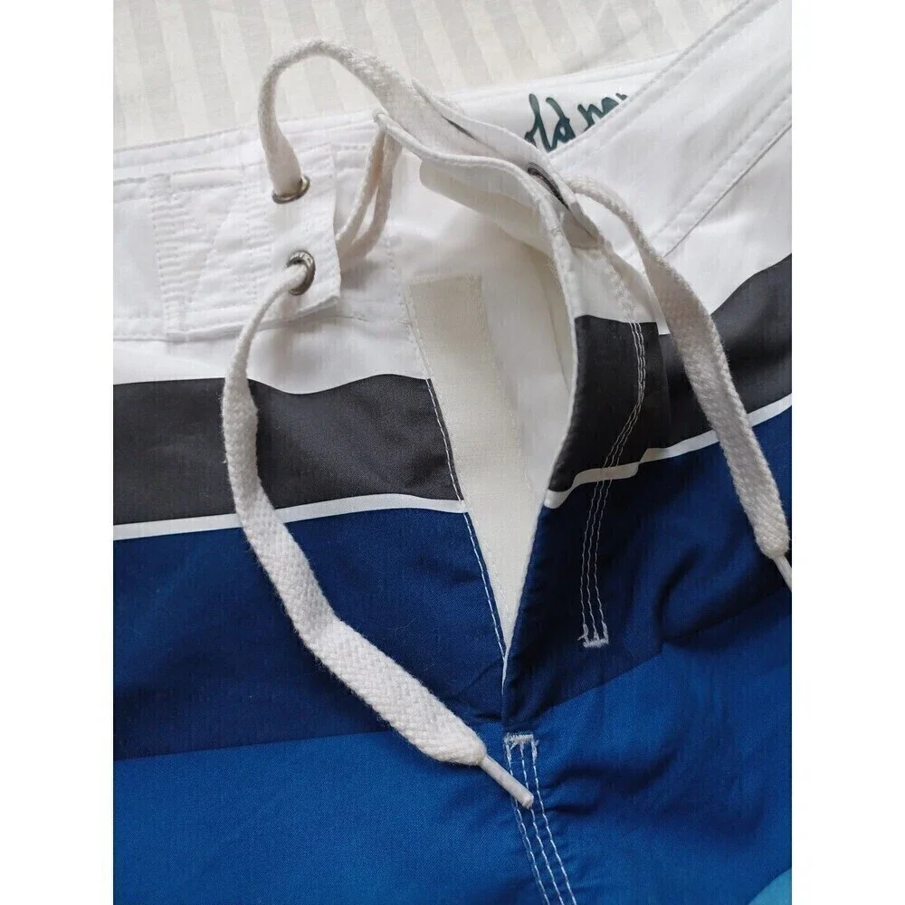 Old Navy mens swim trunks L white blue striped lace-up pockets board shorts flaw